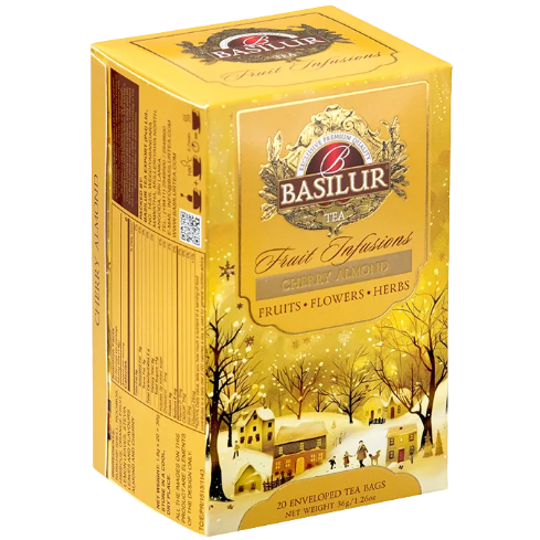 Herbata Basilur Cherry Almond widok z boku – eleganckie złote pudełko z opisem składu i wartości odżywczych.
