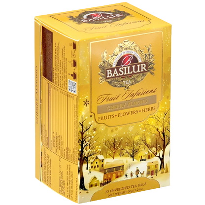 Herbata Basilur Cherry Almond widok z boku – eleganckie złote pudełko z opisem składu i wartości odżywczych.
