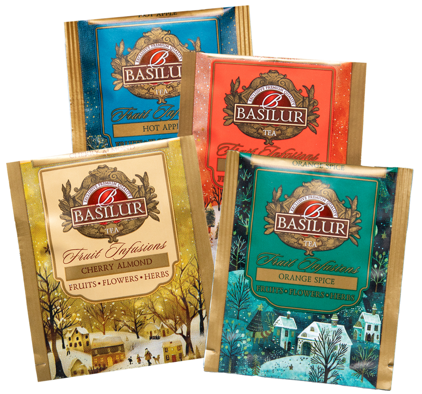 Zestaw torebek herbat Basilur Fruit Infusions – smaki Cherry Almond, Hot Apple, Spiced Wine i Orange Spice.