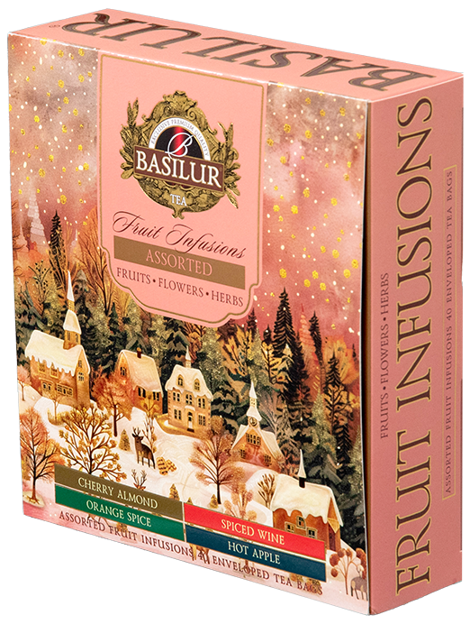 Bok pudełka Basilur Fruit Infusions – eleganckie opakowanie z opisem smaków i motywem świątecznym.