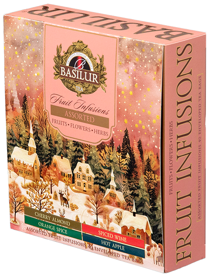 Bok pudełka Basilur Fruit Infusions – eleganckie opakowanie z opisem smaków i motywem świątecznym.