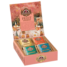 Zestaw herbat Basilur Fruit Infusions Assorted w ozdobnym pudełku z zimowym motywem – cztery smaki owocowych herbat.