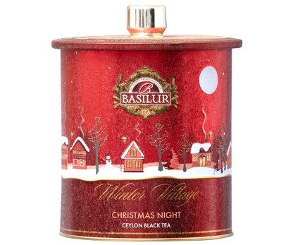 Herbata Basilur Christmas Night w czerwonej puszce z zimowym motywem – czarna herbata cejlońska z przyprawami korzennymi.