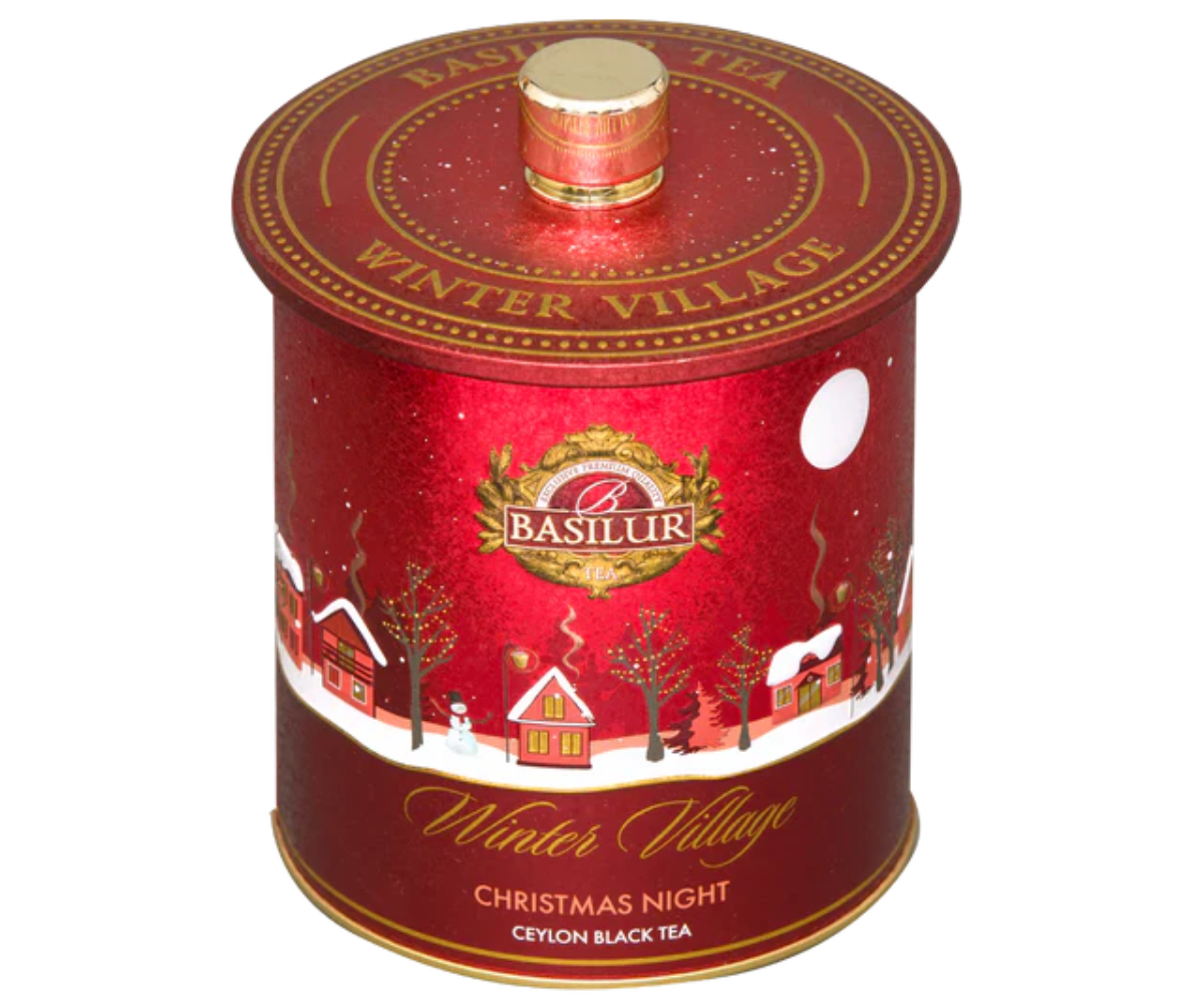 Widok z góry puszki Basilur Christmas Night – elegancka herbata świąteczna z kolekcji Winter Village.