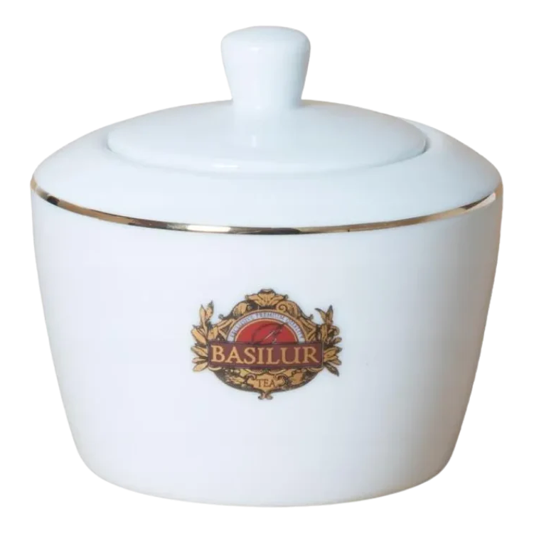 Porcelanowa cukiernica Basilur 325 ml z logo i złotym rantem.