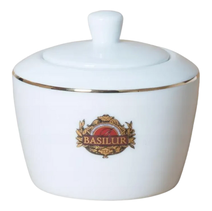 Porcelanowa cukiernica Basilur 325 ml z logo i złotym rantem.