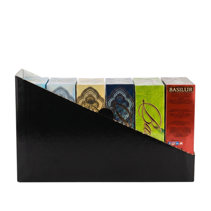 Herbaty Basilur w ekspozytorze różne warianty smakowe Magic Nights Earl Grey Soursop.